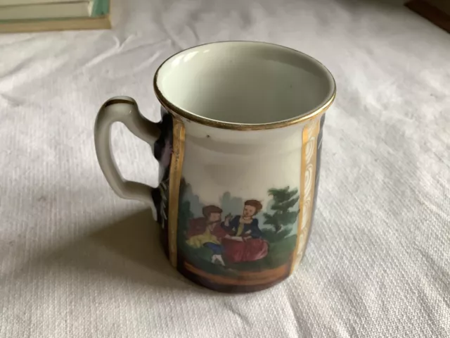 Antique Victorian Ceramic/Porcelain Child’s Mug Floral/Pastoral Scenes, Gold Rim