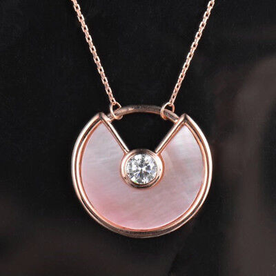 Natual Pink Shell Moissanite Amulette Pendant Necklace Chain Solid 14K Rose Gold