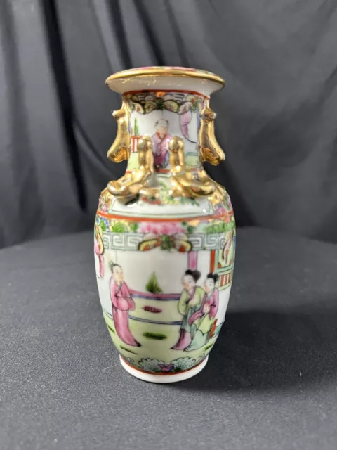 Chinese Export Antique Canton Famille Rose Dragon Neck Vase, Hand Painted 5.5”H