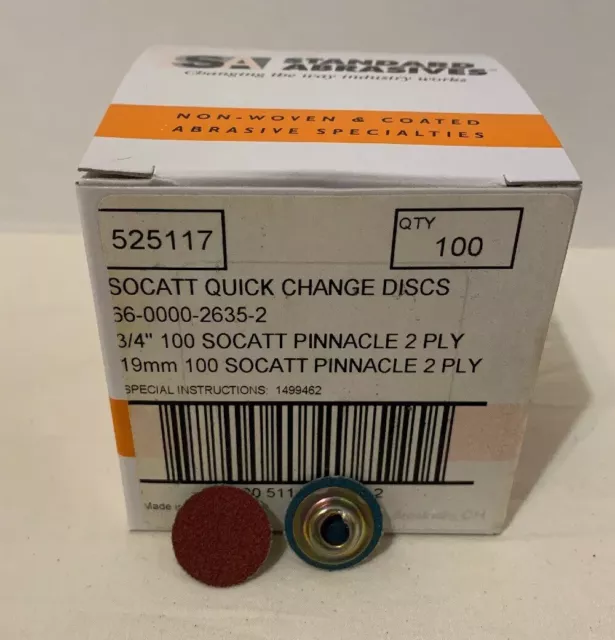 Box Of 100 3/4” Socatt Sanding Disc Quick Change 100 Grit Standard Abrasives T2