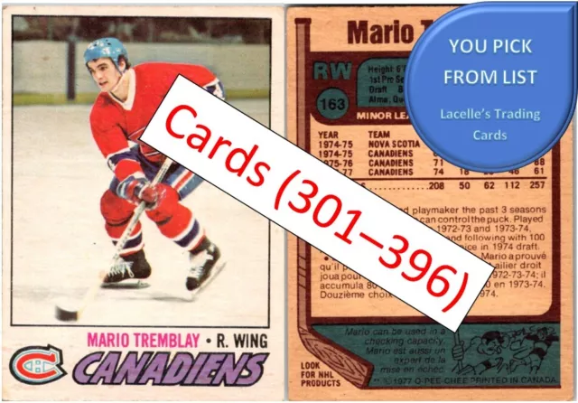 1977-78 O-Pee-Chee 77 OPC NHL Hockey Cards #301 to #396 - U-Pick From List