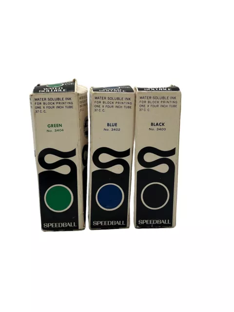 3 Vintage Speedball Water Soluble Block Printing Ink Green Blue Black