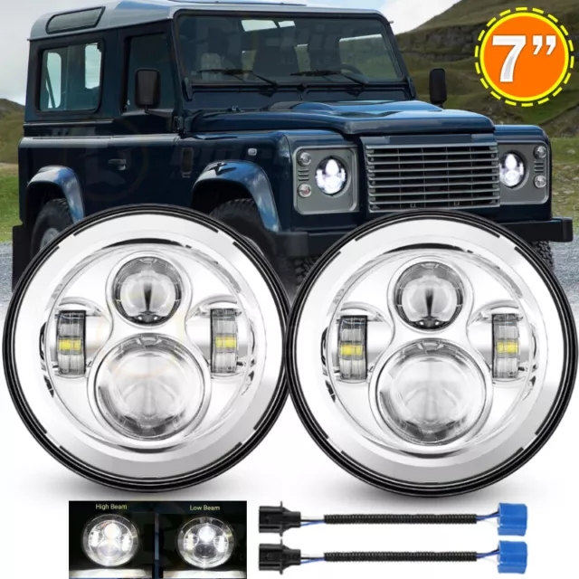 Coppia Fari LED 7" Pollici Hi/Lo Beam Cromati adatti per Land Rover Defender 90 110