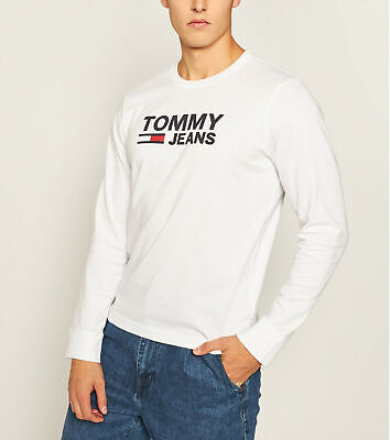 Nuovo con etichette Tommy Hilfiger a maniche lunghe Essential Logo Corp Flag Tee T Shirt Bianca XL