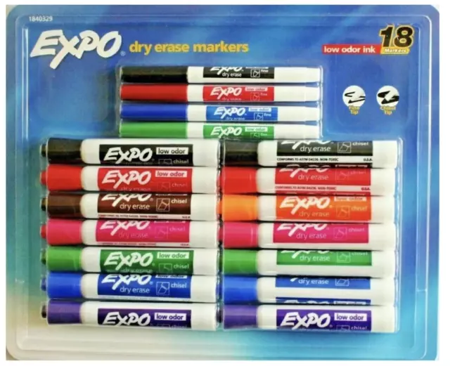 Expo Dry Erase Markers 18 Whiteboard Markers Fine & Chisel Low Odor Ink