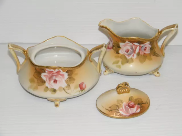 ANTIQUE Hand Painted NIPPON MORIAGE CREAM & SUGAR BOWL ROSES & GOLD
