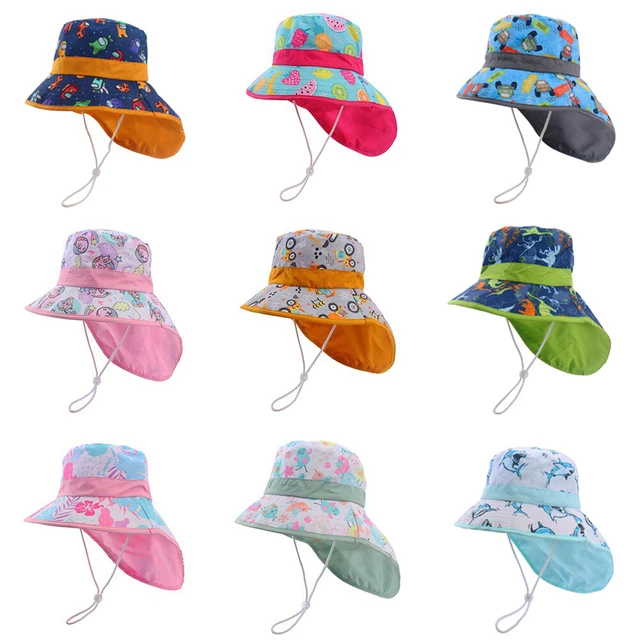 Cappello da sole estivo bambino con collo lembo Gilrs ragazzi tesa larga cappuccio di protezione UV