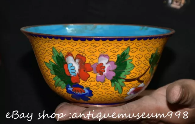 6" Old Chinese Copper Cloisonne Dynasty Flower Round Bowl Statue