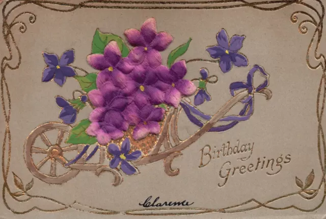 Vintage Postcard Birthday Greetings Embossed Forget Me Not Fkower Cart Glitter