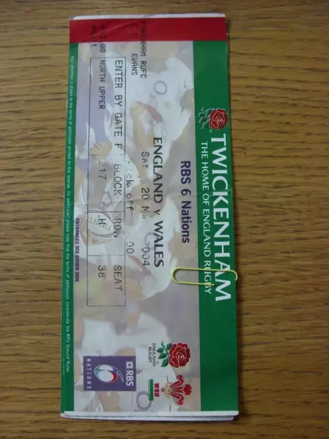 20/03/2004 Rugby Union Ticket: England v Wales [At Twickenham] (folded)