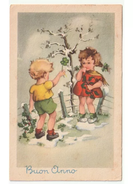 Bonne Année Carte Postale Voeux D'Époque Enfants Trèfle Paysage Enneigé