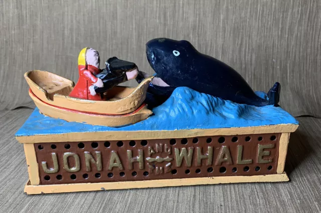 Jonah and the Whale Cast Iron Bank Vintage Reproduction - Working