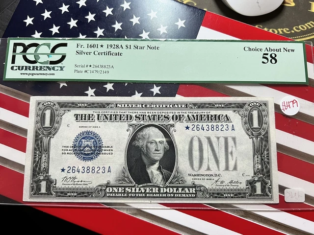 RARE 1928 A Fr. 1601* $1 Silver Certificate Star Note Funny Back PCGS 58 CH AU