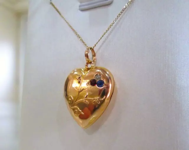 Antique 15ct Gold Heart Locket Old Cut Ruby Diamond & Sapphire Pendant Necklace
