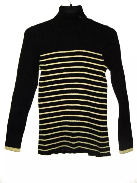 Lauren Ralph Lauren Sweater Turtleneck Women Black Gold Strip Ribbed Long Sleeve