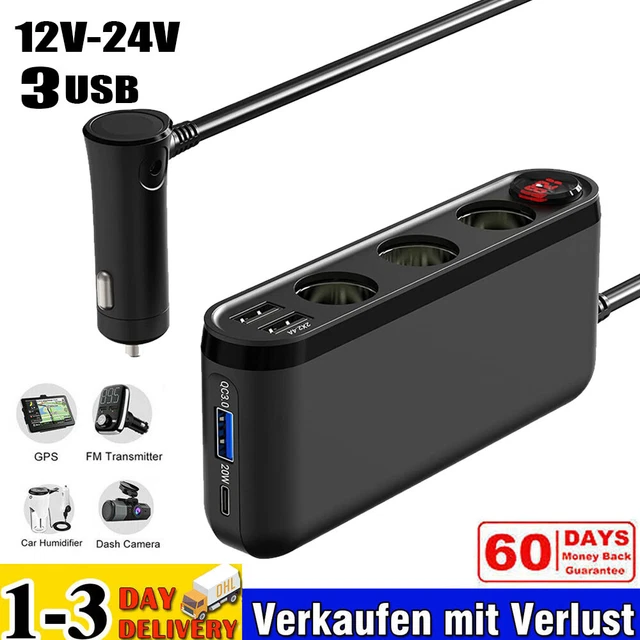 12V/24V LKW Auto KFZ-Adapter 3 Fach Zigarettenanzünder Verteiler mit 3 USB Port