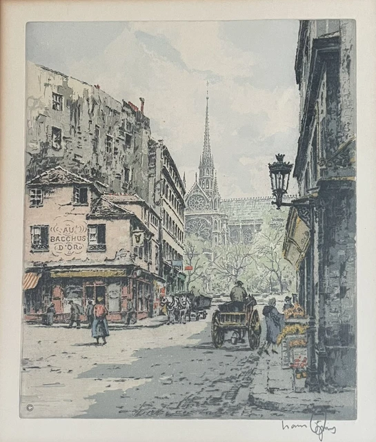 Hans Figura Signed Etching Aquatint print France Framed Paris Cafe Cathedral
