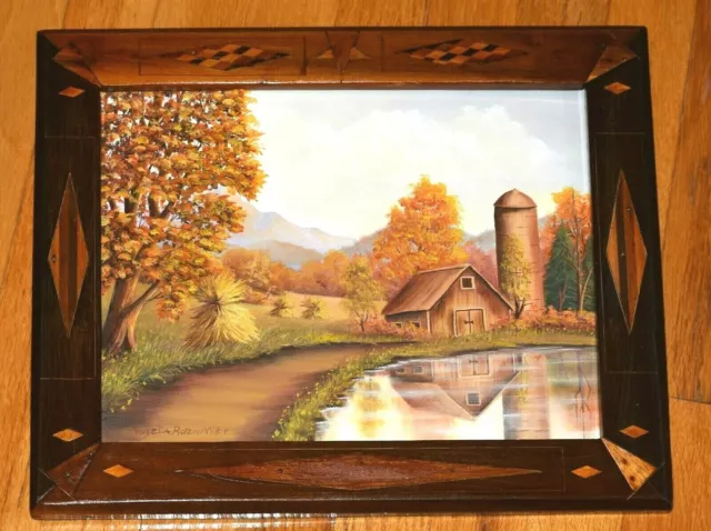 Antique Wood Inlay Frame Oil Painting Rustic Country Mountain Artist Signed Sold