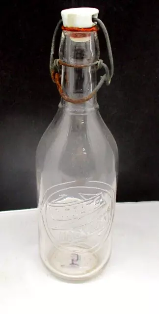 Glass Citrate Of Magnesia Embossed Bottle With Bail & Porcelain Stopper 8.5"