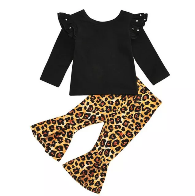 2Pcs Toddler Kids Baby Girls Outfits T-Shirt Tops + Leopard Flared Trousers Set