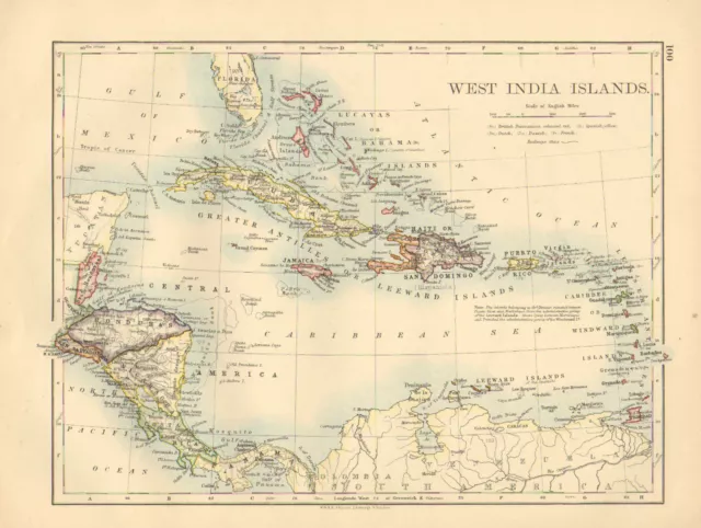 1892 Victorian Map ~ West India Islands ~ Cuba Jamaica Haiti Central America