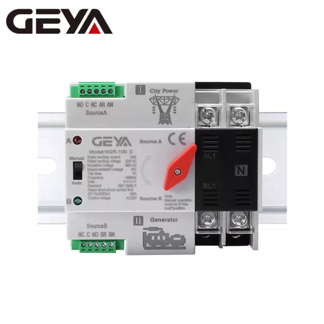 GEYA Dual Power Automatic Transfer Switch 2P 100A 230V 50Hz Grid to AC Generato