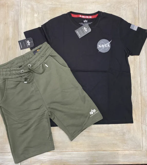 Alpha Industries mens t shirt and shorts set size Medium Black Khaki RRP £90