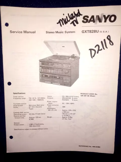Sanyo Gxt828U Stereo Music System Original Service Manual