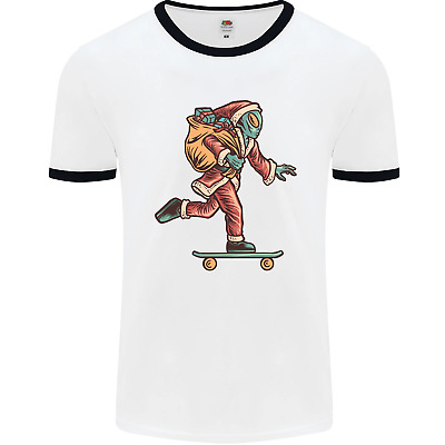 Funny Santa Clause Alien on a Skateboard Mens White Ringer T-Shirt