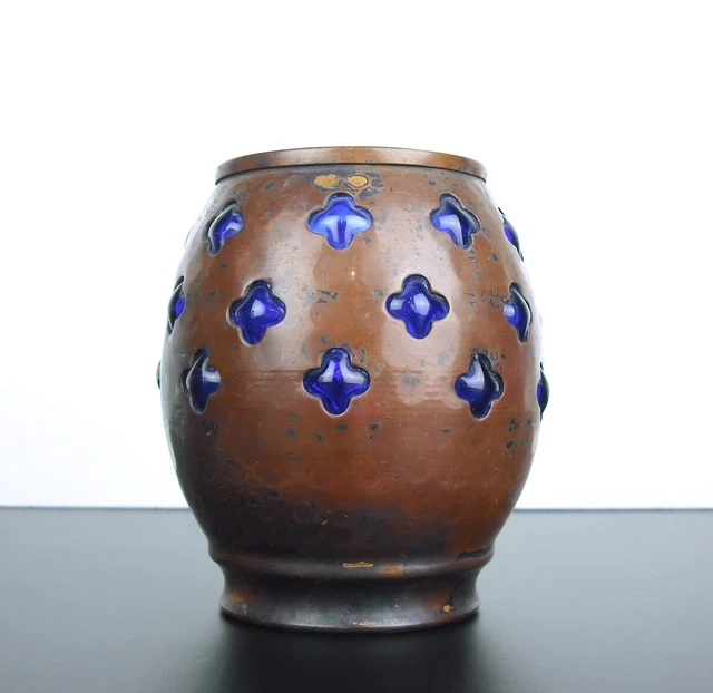 Piccolo Vaso Rame E Vetro Lavoro Di Brassware 537 G,H : 10,5 CM