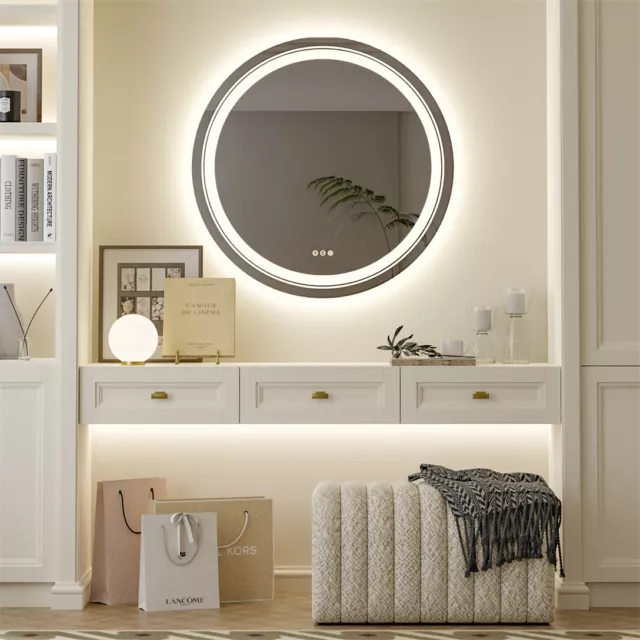 Large Slim LED Bathroom Mirror Round 600-800mm Light up Illuminated Demister Pad