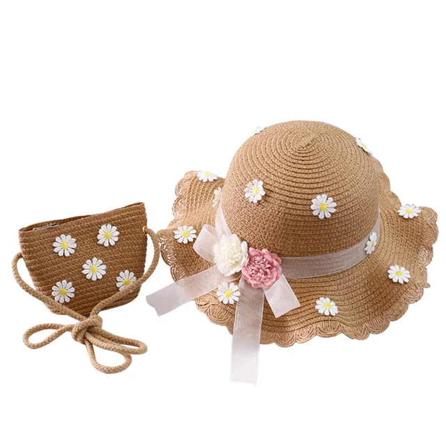 Cappello da sole portafoglio decorazione floreale uguale Marguerite-ragazza-cappello-tasche set
