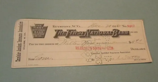 1922 The First National Bank of Keystone West Virginia Signed Bank Check Vintage