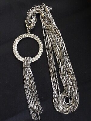 Multi Strand Box Chain Necklace Silver Tone Rhinestone Circle Pendant & Tassels