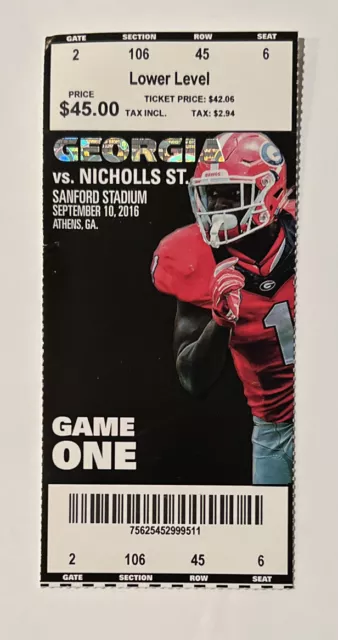 UGA Bulldogs vs. Nicholls State College Football Ticket Stub - Sept. 10, 2016