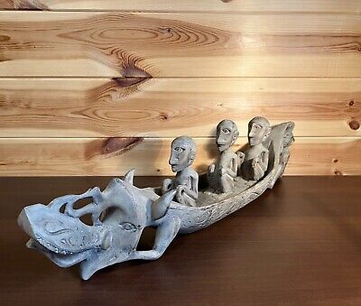 Mythological Batak Hand Carved Sculpture Three Tribes Men in a Dragon Boat 
