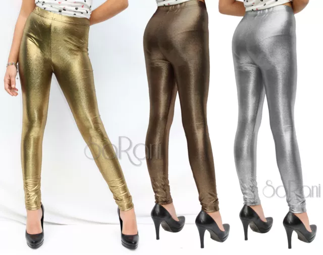 Leggings Effett Pelle Lucido Pantaloni Laminato Metal Gold Fuseau Skinny Leggins
