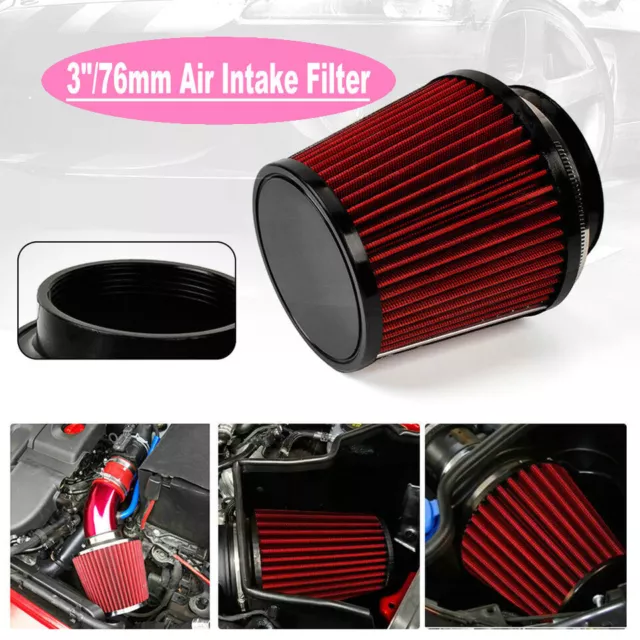Red High Flow Performance 3" 76 mm Cold Air Intake Cone Replacement Dry Filter