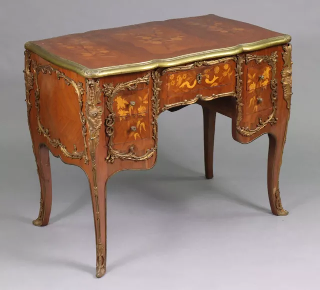 Louis XV Style Marquetry Inlaid Brass Bound Desk