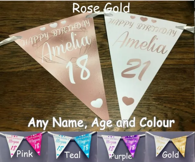 PERSONALISED BIRTHDAY ROSE GOLD BUNTING BANNER PARTY DECORATION 18th 21st 30th 