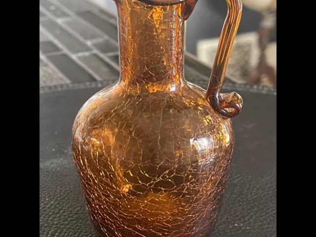 Vtg Hand Blown Amber Crackle Glass Small Pitcher Vase pilgrim glass  4.5”