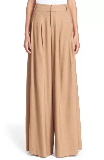 ALICE + OLIVIA Scarlet Flare Wide Leg Tan Pants Linen Blend Size 2