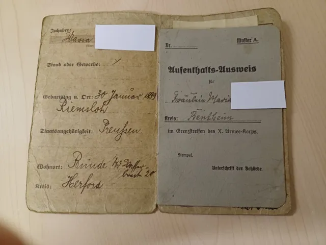 Person-Ausweiskarte 1917 Bünde m. Aufenthalts-Ausweis Wietmarschen Gr. Bentheim