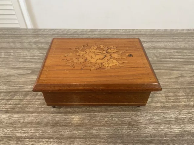 Vintage Italian Inlaid Wooden Musical Trinket Jewellery Box With Floral Design