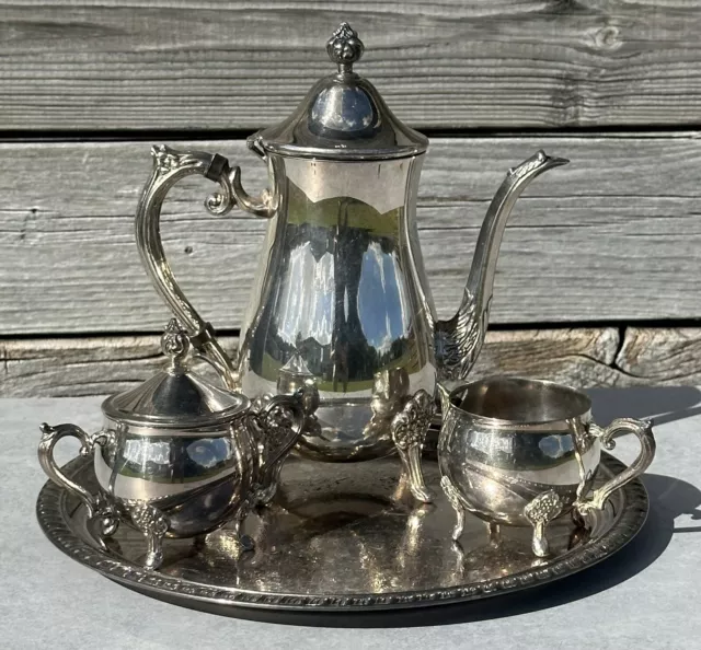 Lovely VTG LEONARD 5 PIECE SILVER PLATED COFFEE / TEA SET w SERVING TRAY