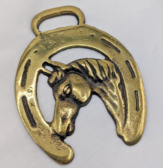 Brass Horse Medallion Vintage English Mare Steed Good Luck Horseshoe Show Parade