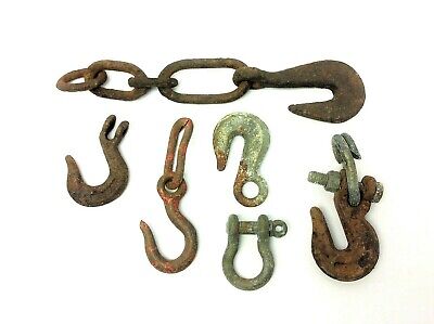 Mixed Vintage & Antique Lot Iron Metal Hooks Chains Hardware Parts Forged USA