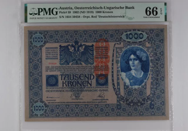 Austria 1000 Kronen 1902 / Pick 59 / PMG 66 EPQ / Only one in higher grades!!!