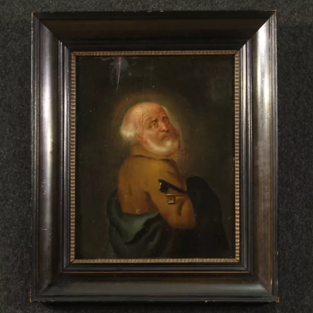 Saint Peter Flemish painting oil panel antique religious artwork 18th century
