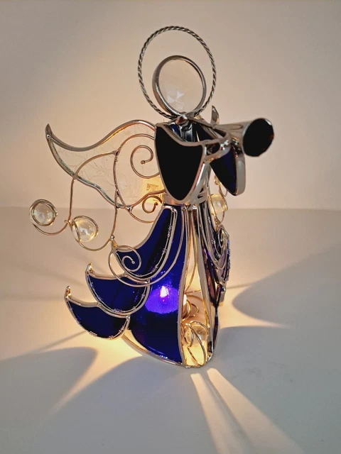 Blue Stained Glass Trumpeting Angel 9" Figurine Statue Candle Christmas Decor